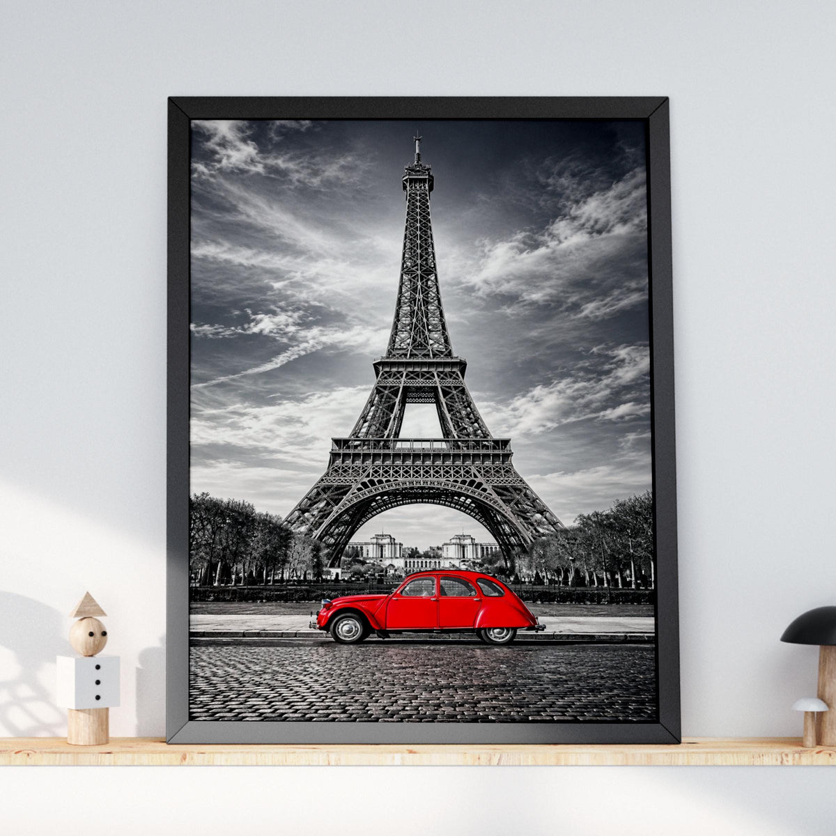 Eiffel Tower Red Citroen 2CV Poster, Black White Paris Wall Art Print (Digital Download)