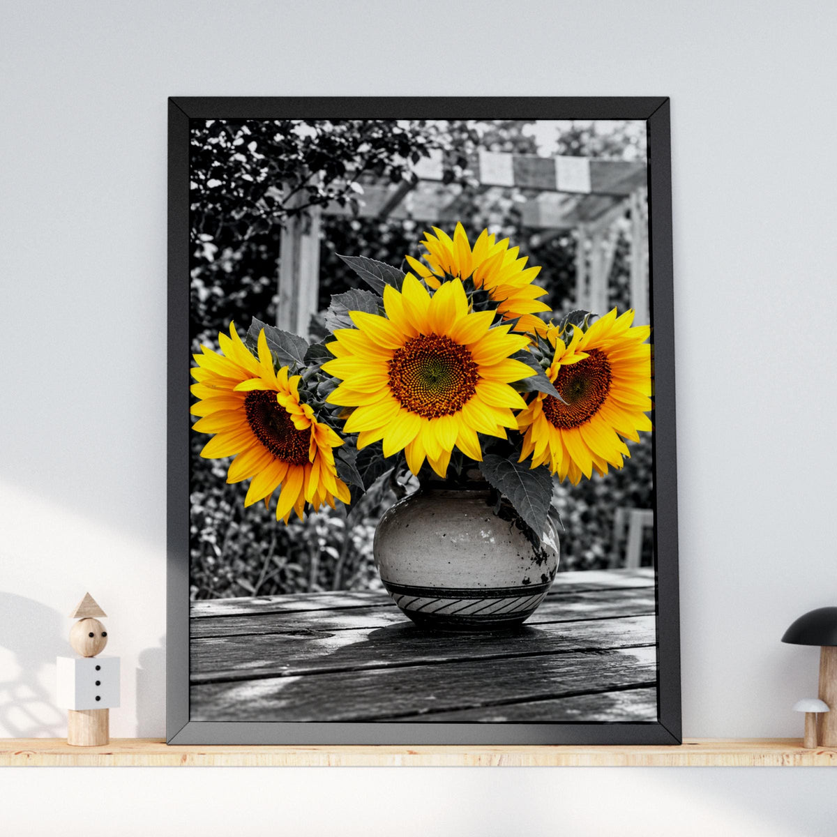 Selective Colour Sunflowers in Vase, Yellow Floral Wall Art, Black and White Garden Poster