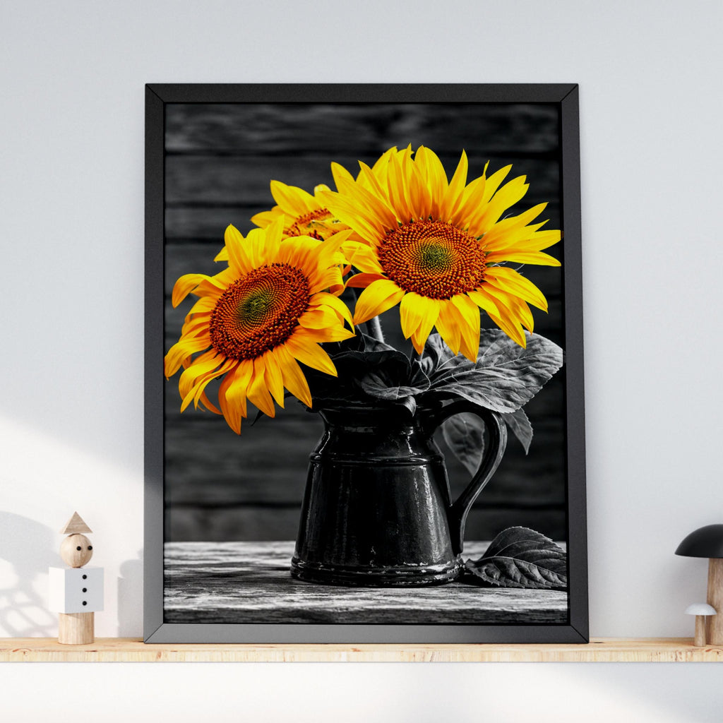 Selective Colour Sunflowers in Black Pitcher Print, Rustic Farmhouse Wall Art
