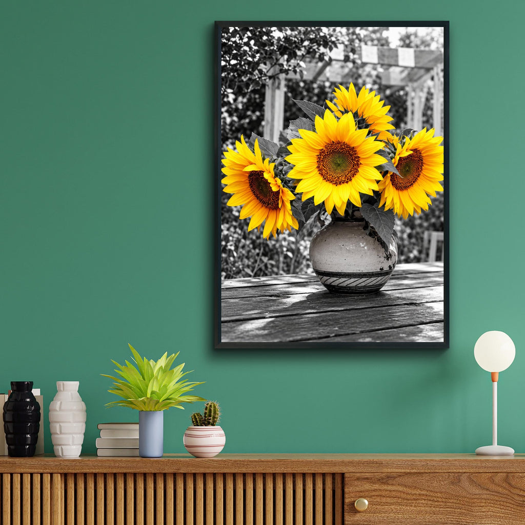 Selective Colour Sunflowers in Vase, Yellow Floral Wall Art, Black and White Garden Poster