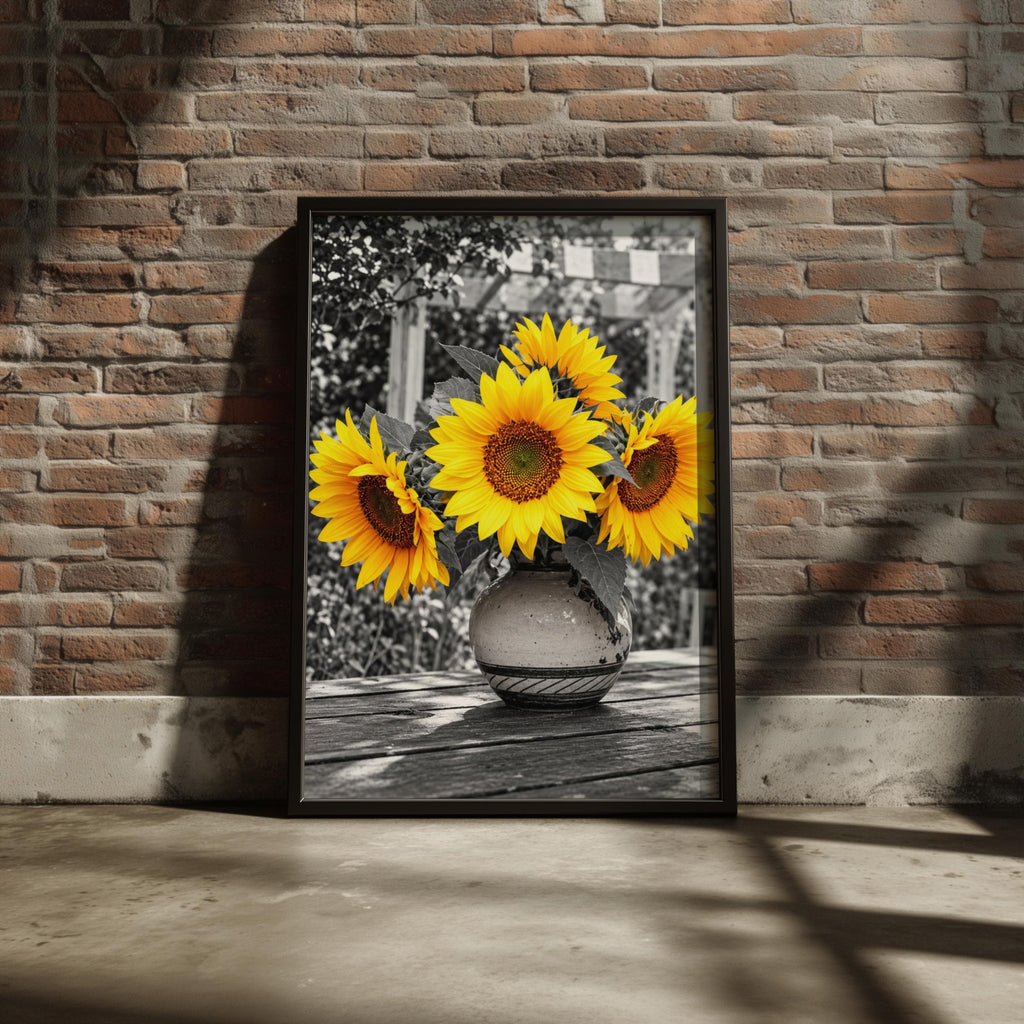 Selective Colour Sunflowers in Vase, Yellow Floral Wall Art, Black and White Garden Poster