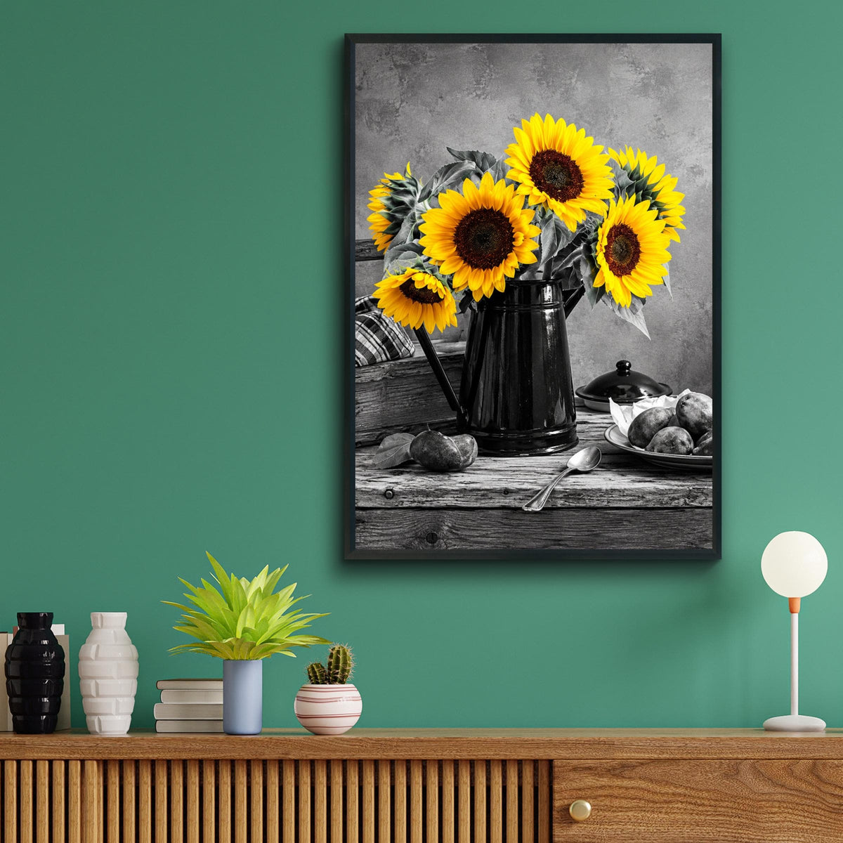 Selective Color Sunflower Pitcher Print, Yellow Floral Still Life Wall Art (240gsm Matte)