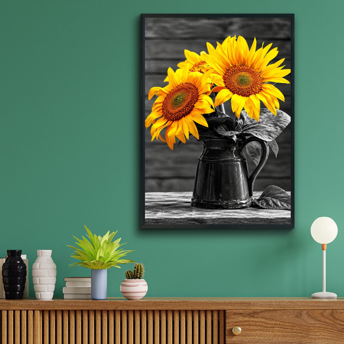 Selective Colour Sunflowers in Black Pitcher Print, Rustic Farmhouse Wall Art