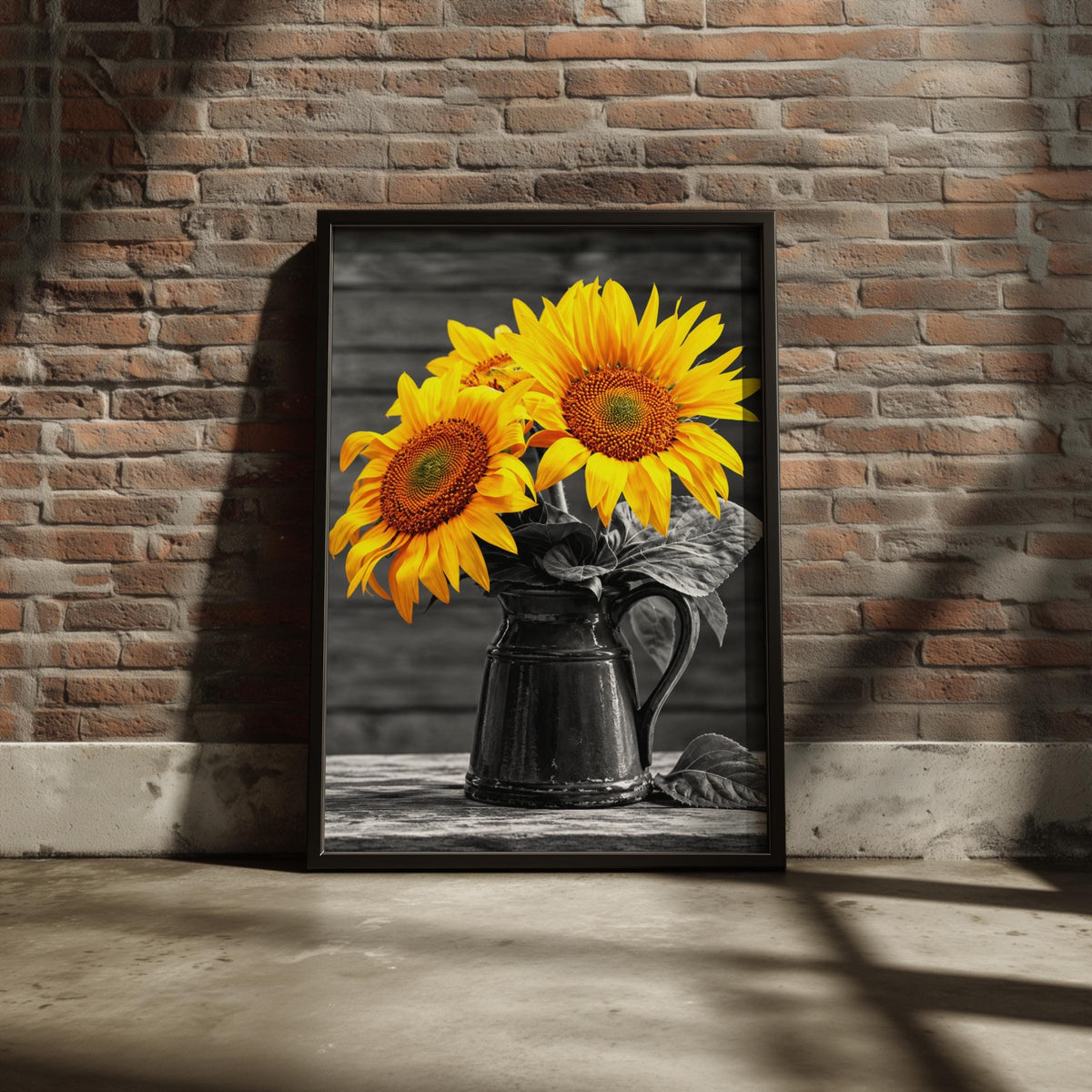 Selective Colour Sunflowers in Black Pitcher Print, Rustic Farmhouse Wall Art