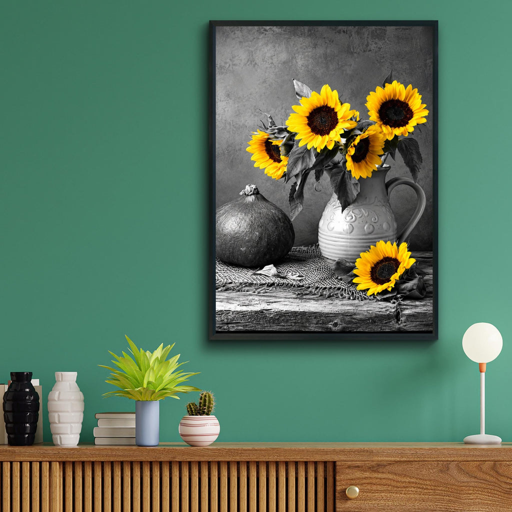 Yellow Sunflowers Black White Still Life Poster, Rustic Kitchen Wall Art Print
