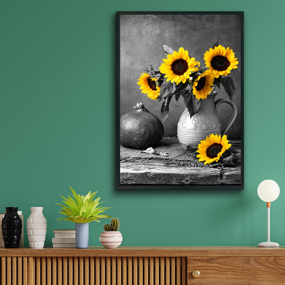 Yellow Sunflowers Black White Still Life Poster, Rustic Kitchen Wall Art Print