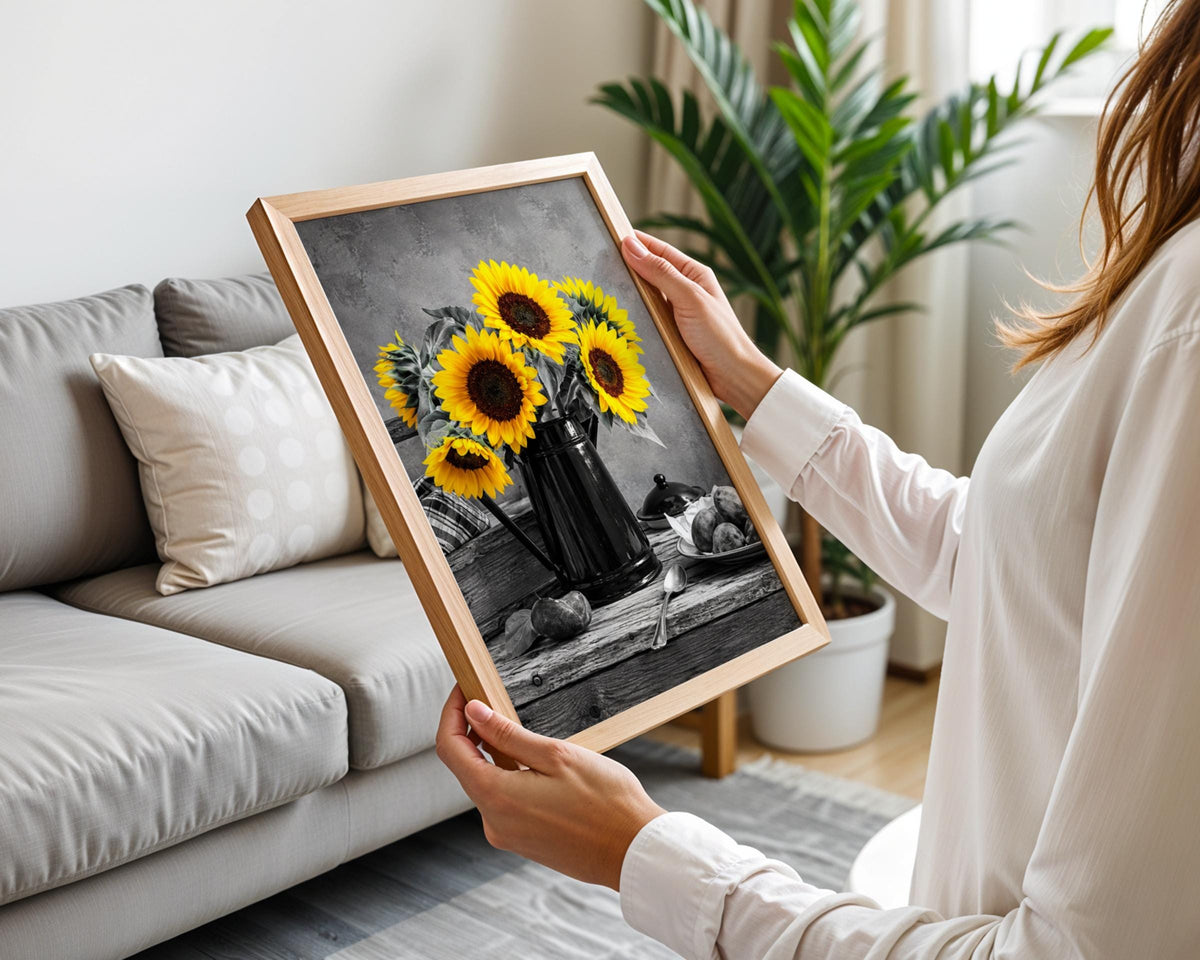 Selective Color Sunflower Pitcher Print, Yellow Floral Still Life Wall Art (240gsm Matte)