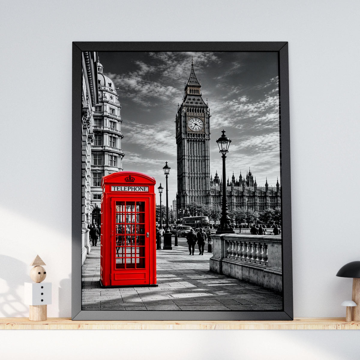 London Red Telephone Box Big Ben Black White Wall Art Print Poster, UK Travel Gift