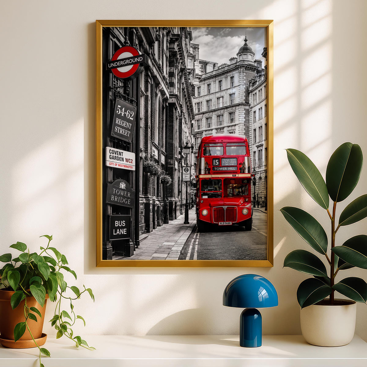 London Red Bus Black White Poster, Regent Street, Underground Sign (Print)