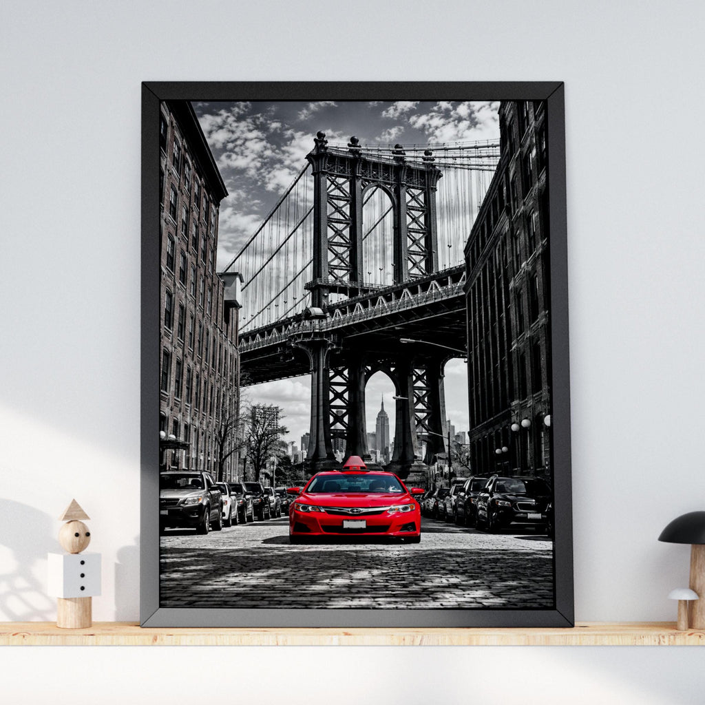 Red Taxi Manhattan Bridge Brooklyn Wall Art, Urban Street Photography Print