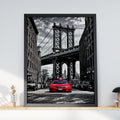 Red Taxi Manhattan Bridge Brooklyn Wall Art, Urban Street Photography Print