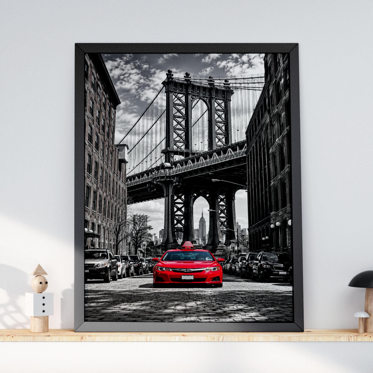 Red Taxi Manhattan Bridge Brooklyn Wall Art, Urban Street Photography Print