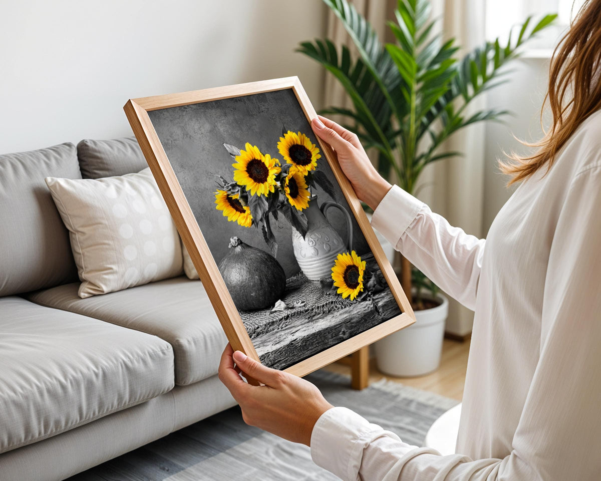 Yellow Sunflowers Black White Still Life Poster, Rustic Kitchen Wall Art Print