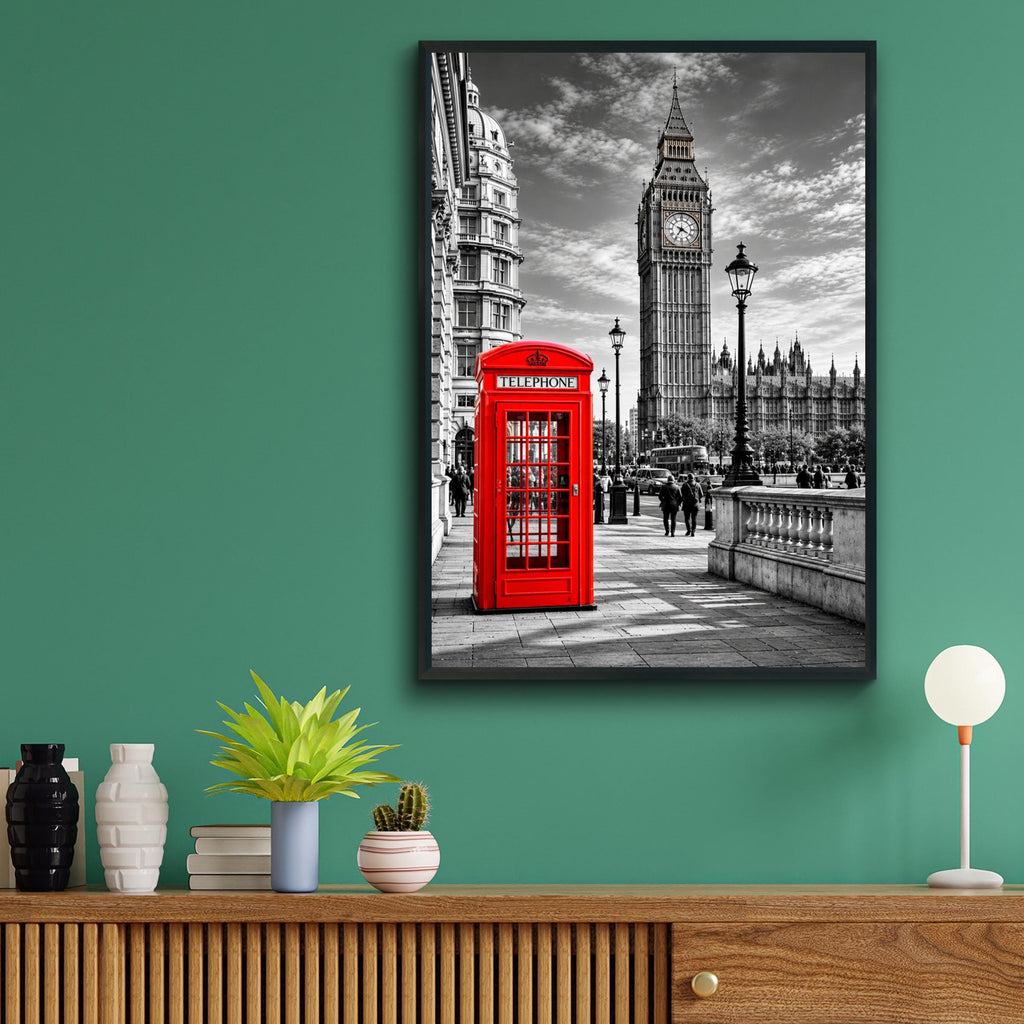 London Red Telephone Box Big Ben Black White Wall Art Print Poster, UK Travel Gift