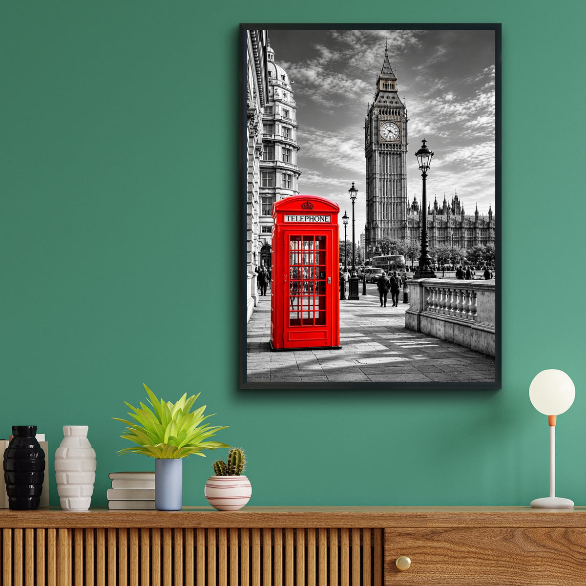 London Red Telephone Box Big Ben Black White Wall Art Print Poster, UK Travel Gift