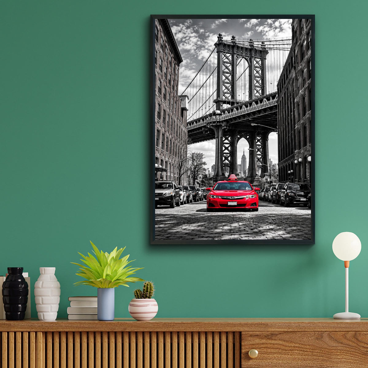 Red Taxi Manhattan Bridge Brooklyn Wall Art, Urban Street Photography Print