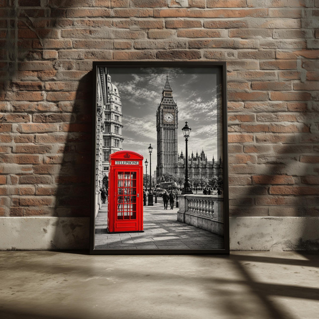 London Red Telephone Box Big Ben Black White Wall Art Print Poster, UK Travel Gift
