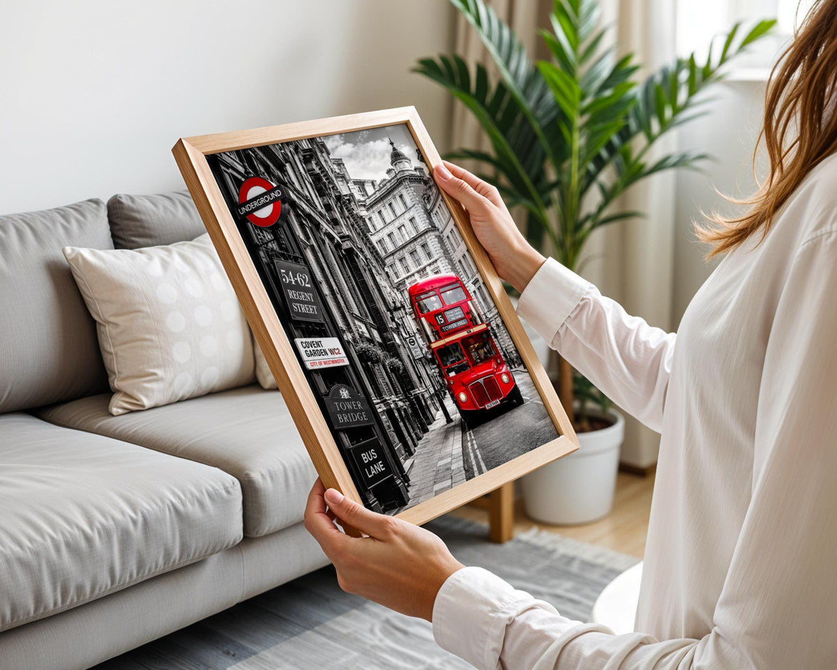 London Red Bus Black White Poster, Regent Street, Underground Sign (Print)