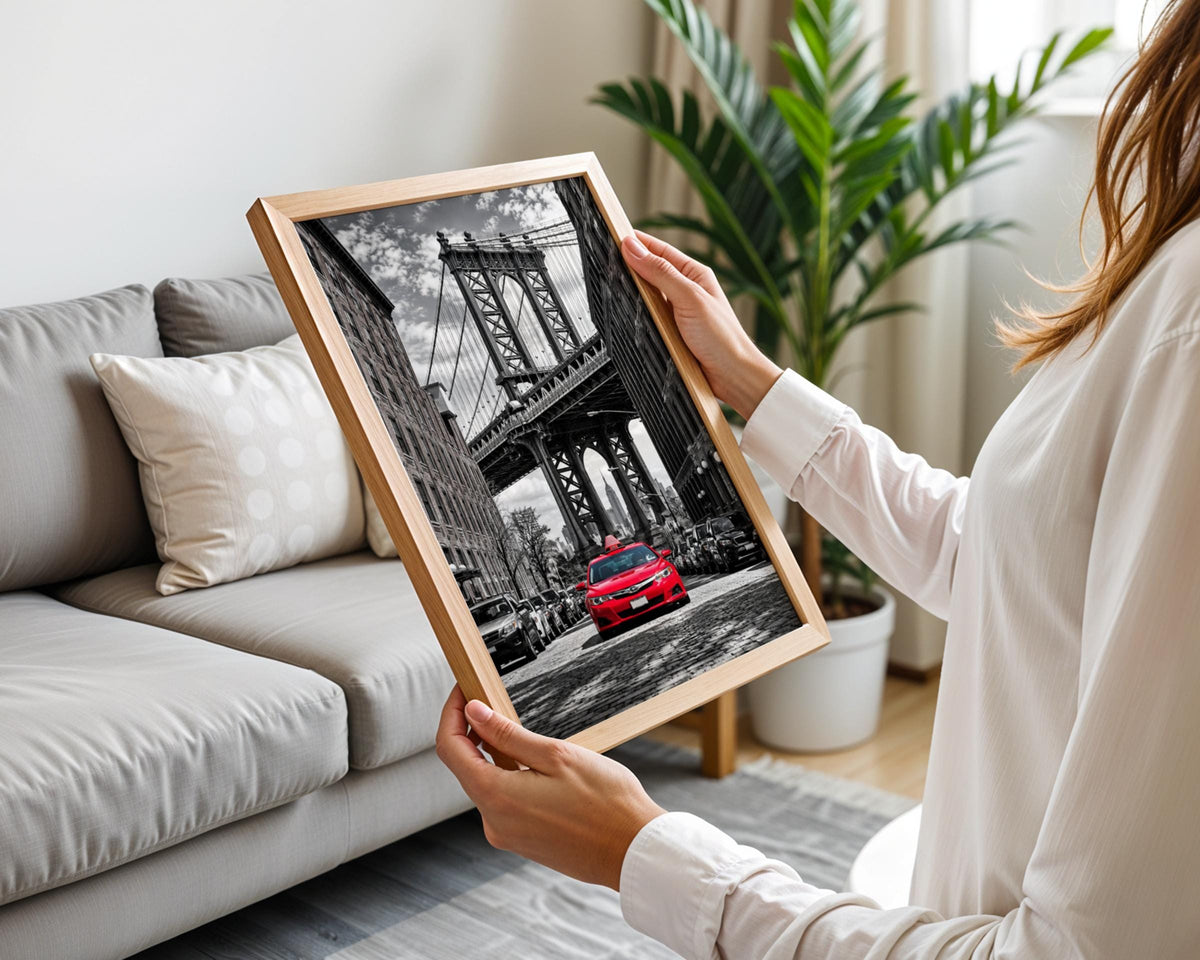 Red Taxi Manhattan Bridge Brooklyn Wall Art, Urban Street Photography Print