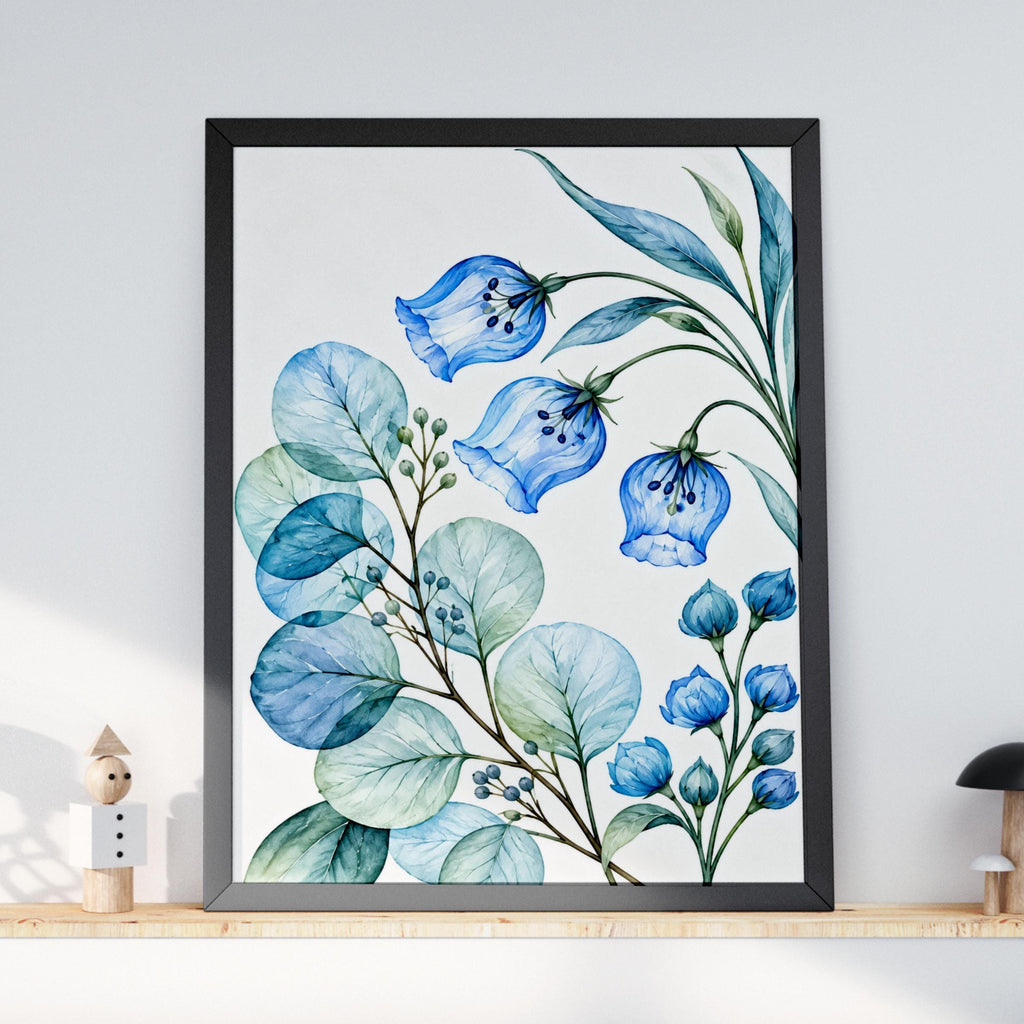 Blue Bellflower Watercolour Botanical Print, Eucalyptus Leaf Wall Art (Digital Download)