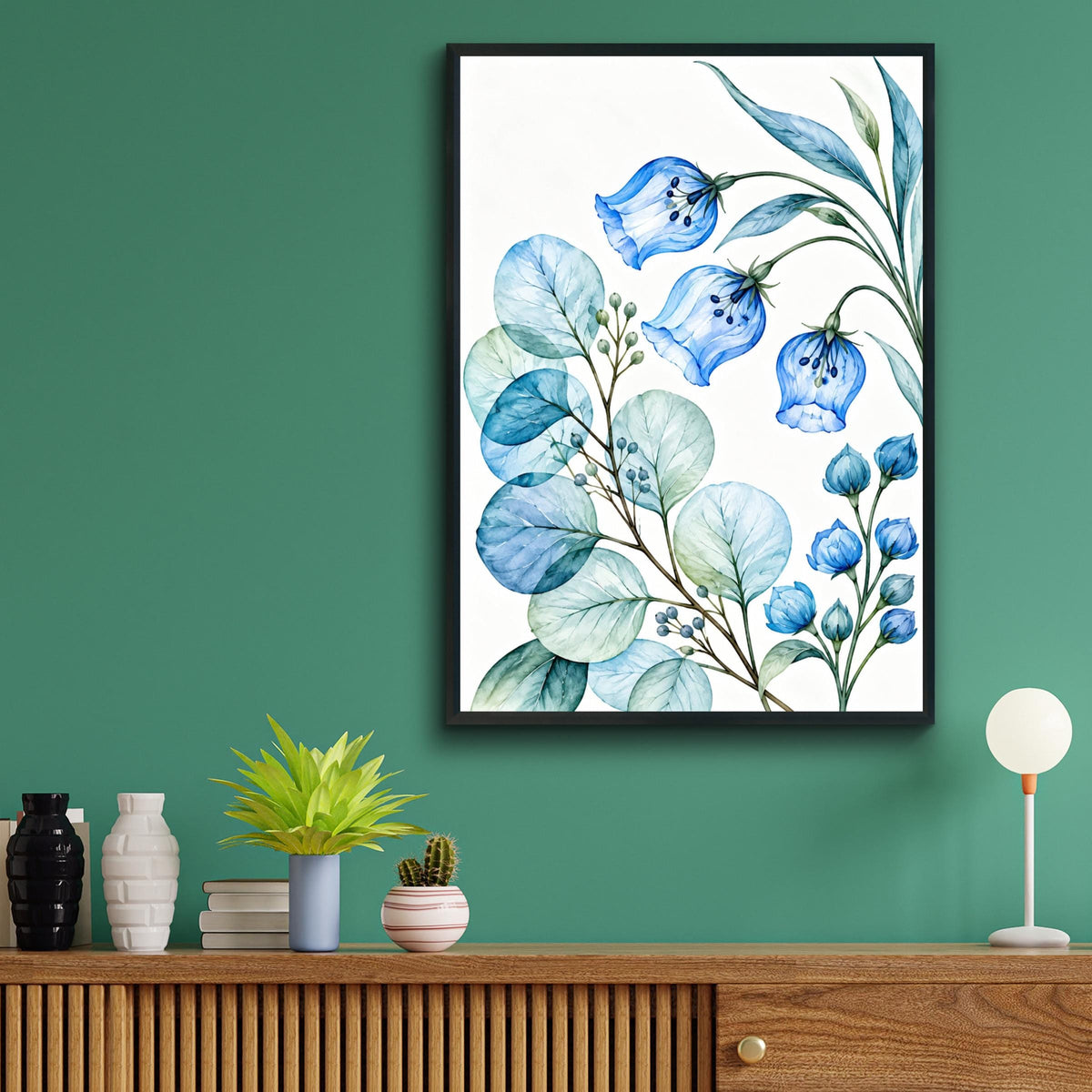 Blue Bellflower Watercolour Botanical Print, Eucalyptus Leaf Wall Art (Digital Download)