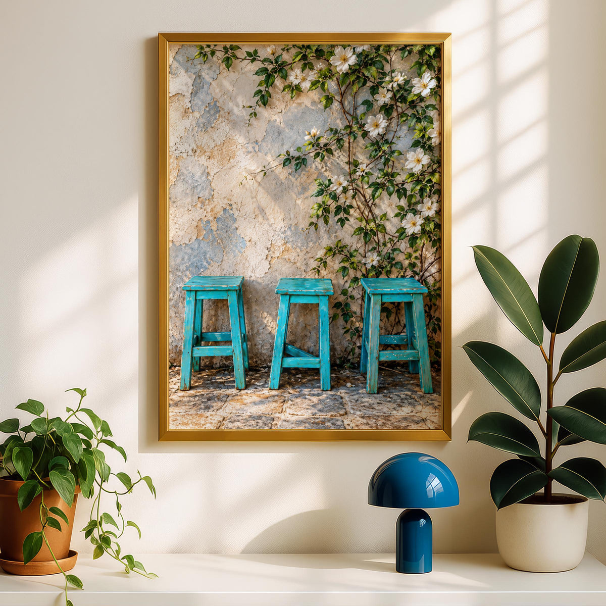 Turquoise Stools Floral Wall Art Print, Rustic Mediterranean Poster, Shabby Chic Botanical Poster (240gsm Matte Paper)