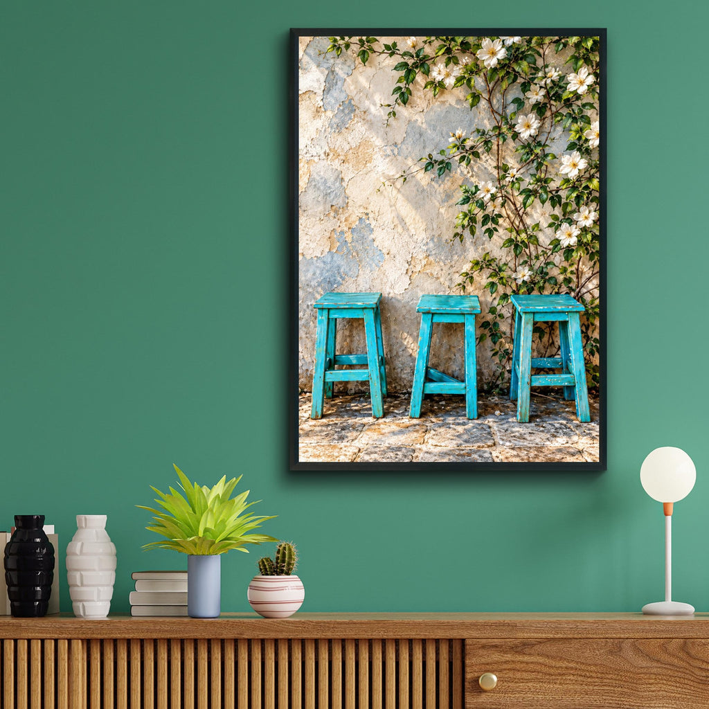 Turquoise Stools Floral Wall Art Print, Rustic Mediterranean Poster, Shabby Chic Botanical Poster (240gsm Matte Paper)