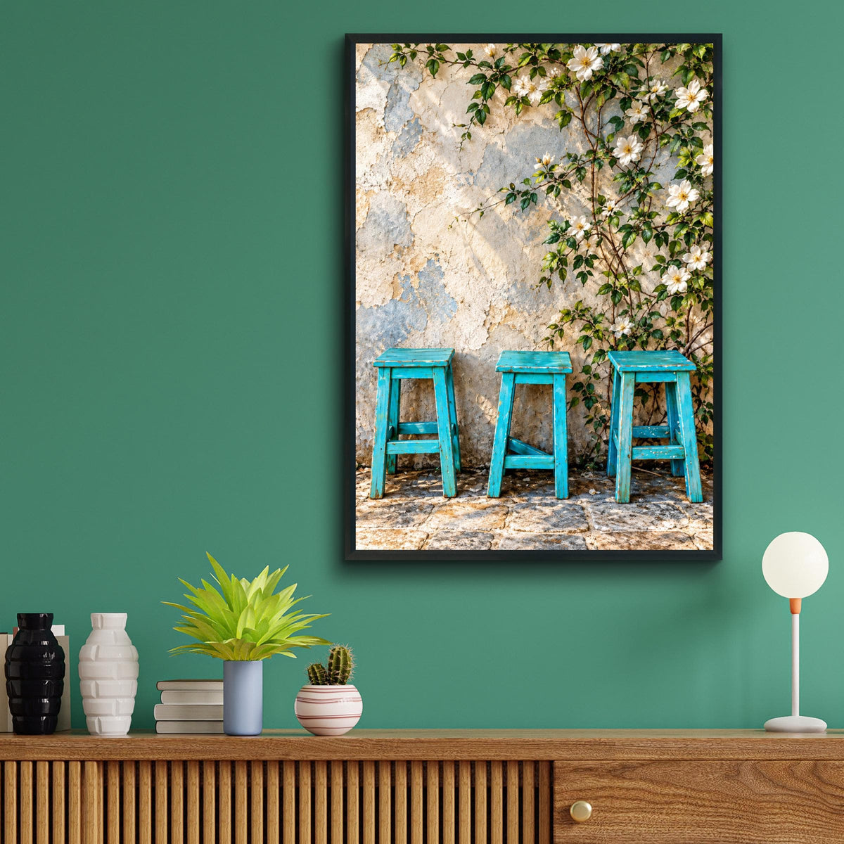 Turquoise Stools Floral Wall Art Print, Rustic Mediterranean Poster, Shabby Chic Botanical Poster (240gsm Matte Paper)