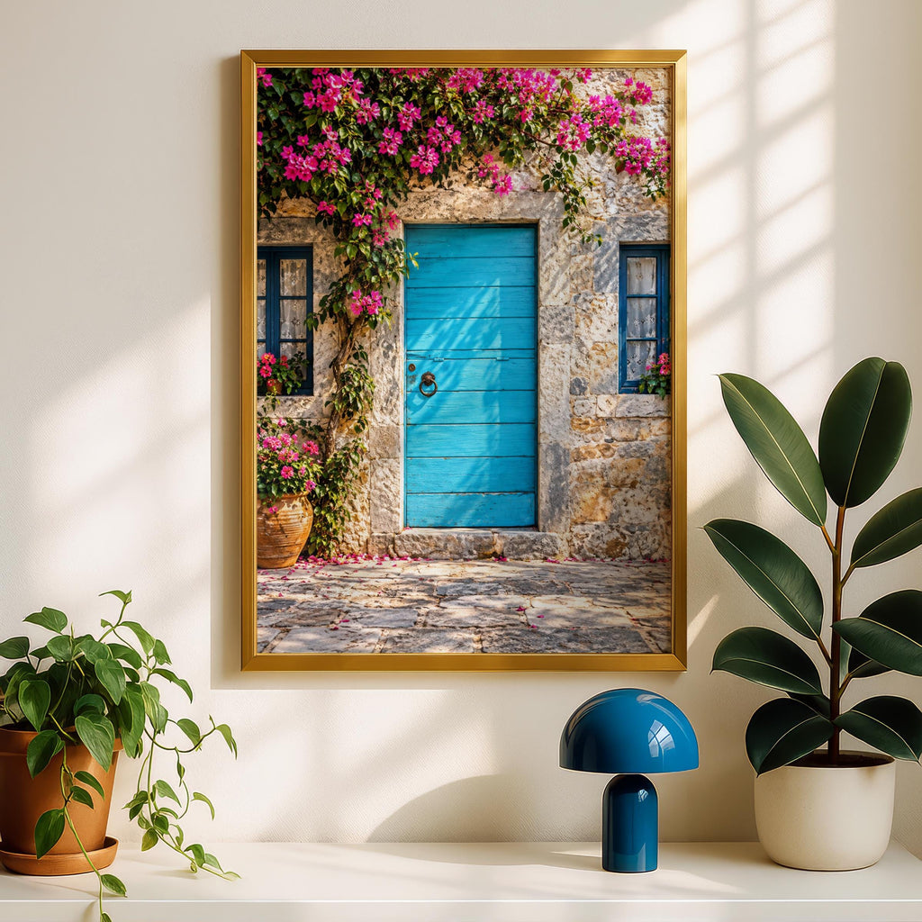 Turquoise Door Bougainvillea Print, Mediterranean Village Wall Art (Poster)