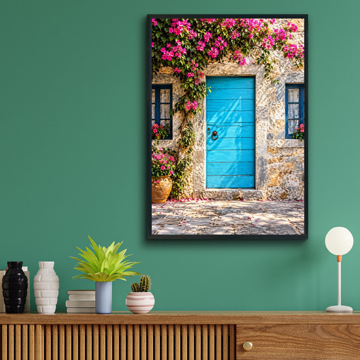 Turquoise Door Bougainvillea Print, Mediterranean Village Wall Art (Poster)