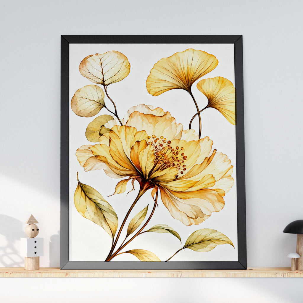 Golden Peony Ginkgo Leaf Watercolour Print, Amber Botanical Wall Art (Ready to Frame)