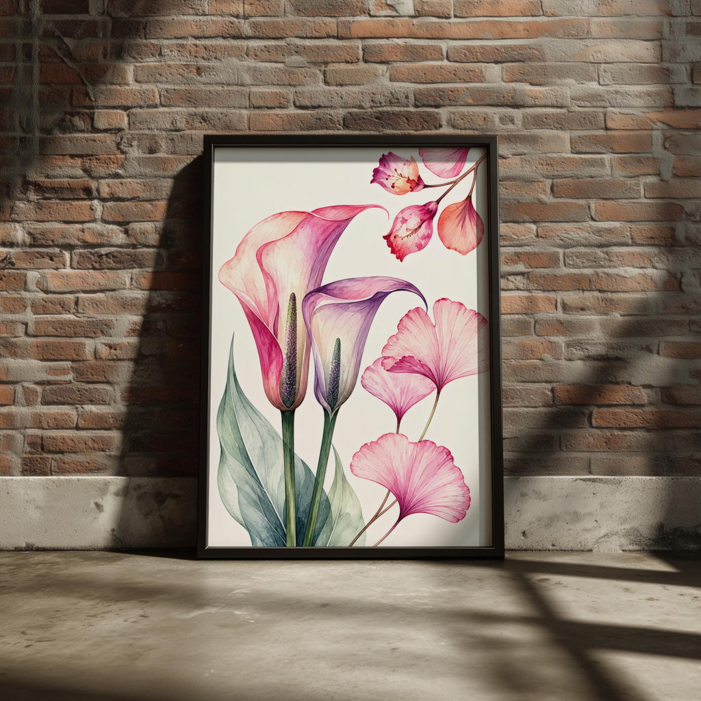 Pink Calla Lily Watercolour Print, Ginkgo Leaf Botanical Art (Ready to Display)