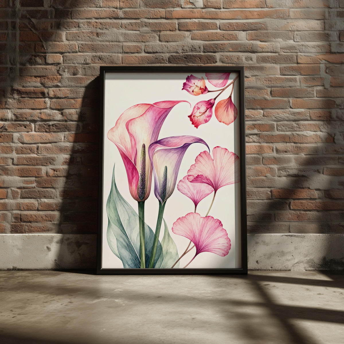 Pink Calla Lily Watercolour Print, Ginkgo Leaf Botanical Art (Ready to Display)