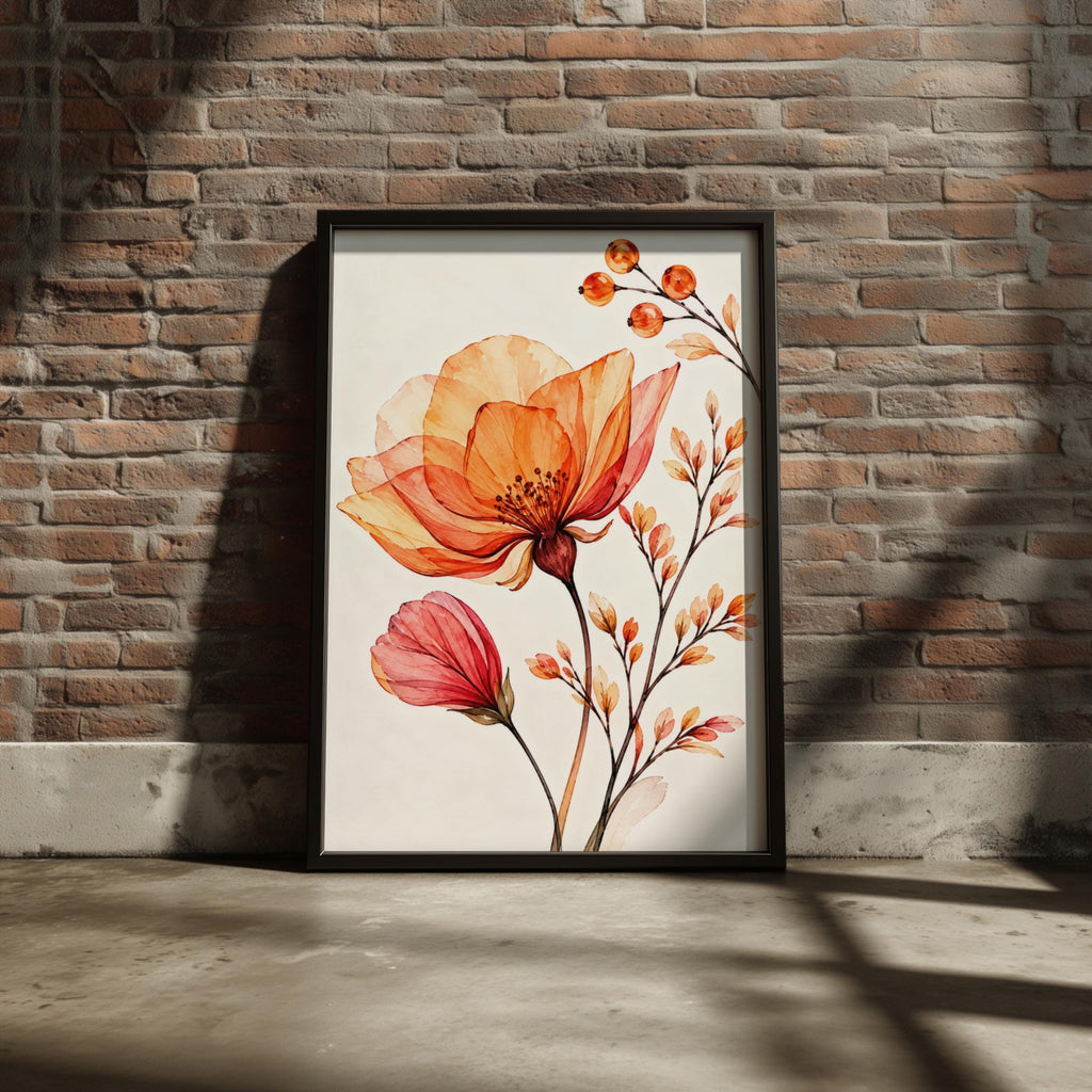 Peach Coral Watercolour Flower Print, Botanical Floral Art, Orange Blossom Poster (Physical Print)