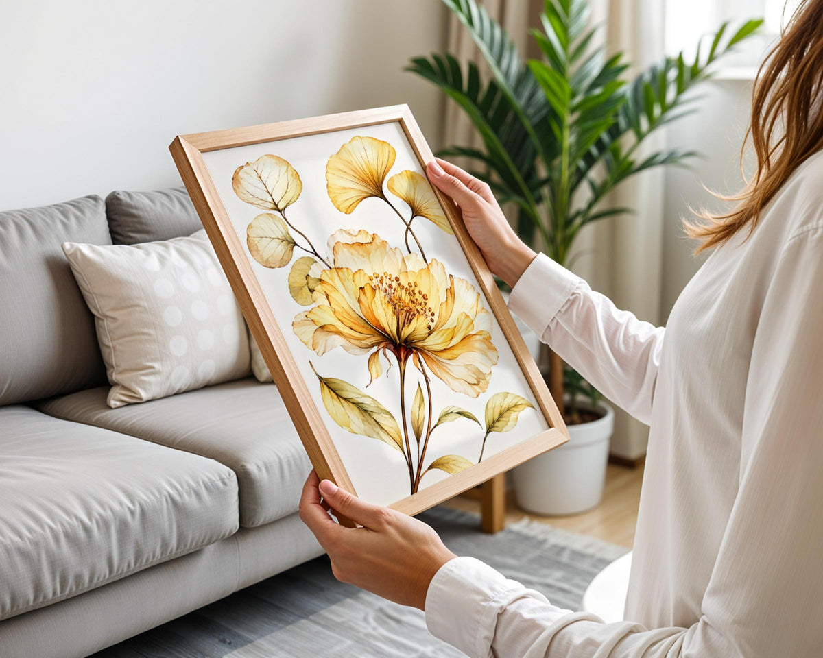 Golden Peony Ginkgo Leaf Watercolour Print, Amber Botanical Wall Art (Ready to Frame)