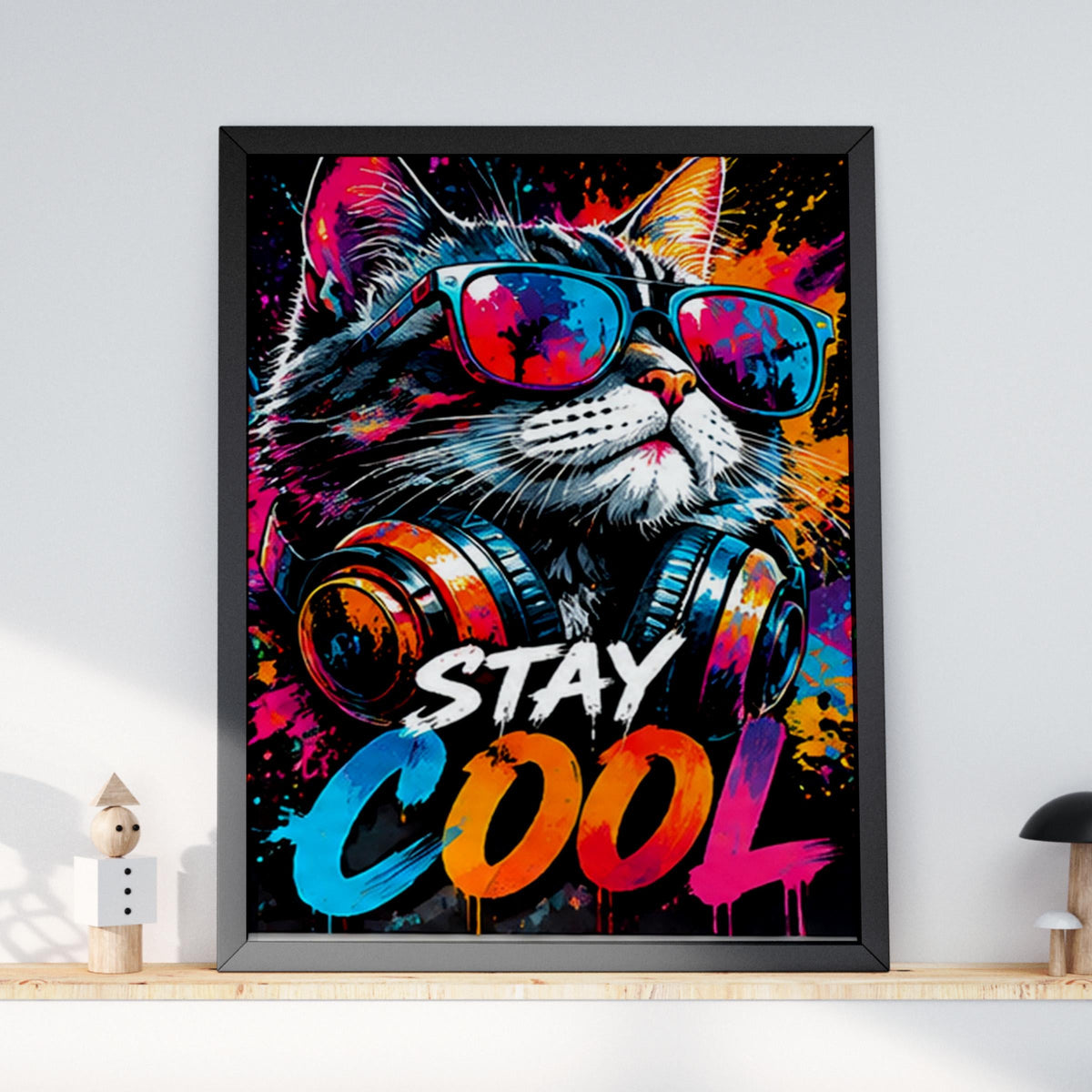 Stay Cool Cat Wall Art, Graffiti Street Art Poster, Neon Pop Art Print, Cat With Sunglasses