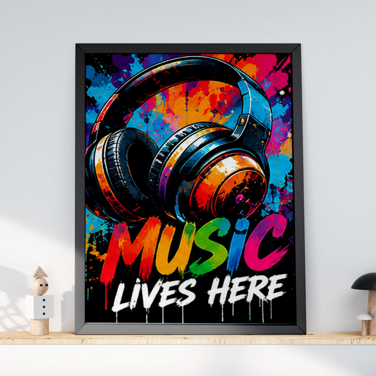 Music Lives Here Headphones Poster, Colourful Graffiti Wall Art, Street Art Print, Music Room Decor