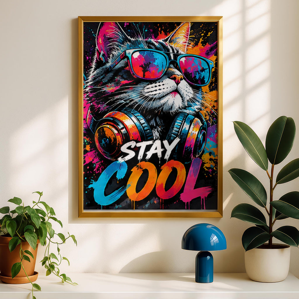 Stay Cool Cat Wall Art, Graffiti Street Art Poster, Neon Pop Art Print, Cat With Sunglasses