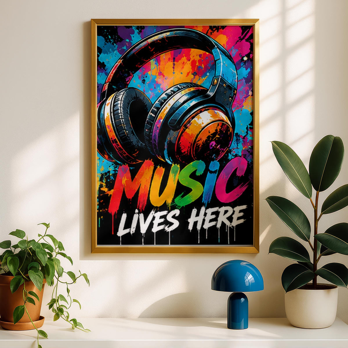 Music Lives Here Headphones Poster, Colourful Graffiti Wall Art, Street Art Print, Music Room Decor