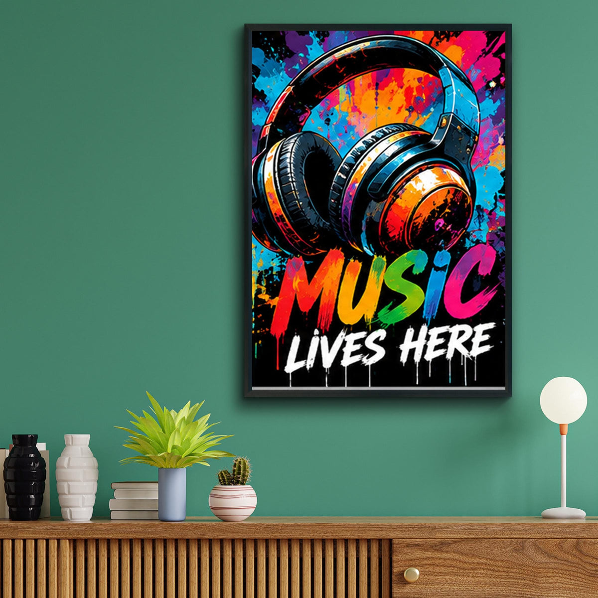 Music Lives Here Headphones Poster, Colourful Graffiti Wall Art, Street Art Print, Music Room Decor