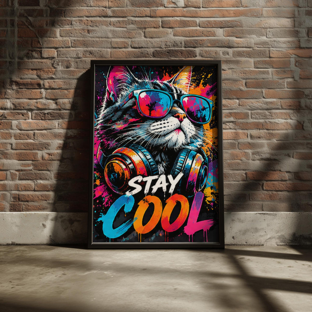 Stay Cool Cat Wall Art, Graffiti Street Art Poster, Neon Pop Art Print, Cat With Sunglasses
