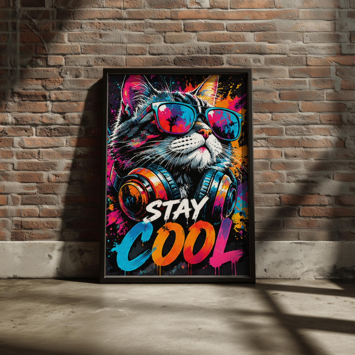 Stay Cool Cat Wall Art, Graffiti Street Art Poster, Neon Pop Art Print, Cat With Sunglasses