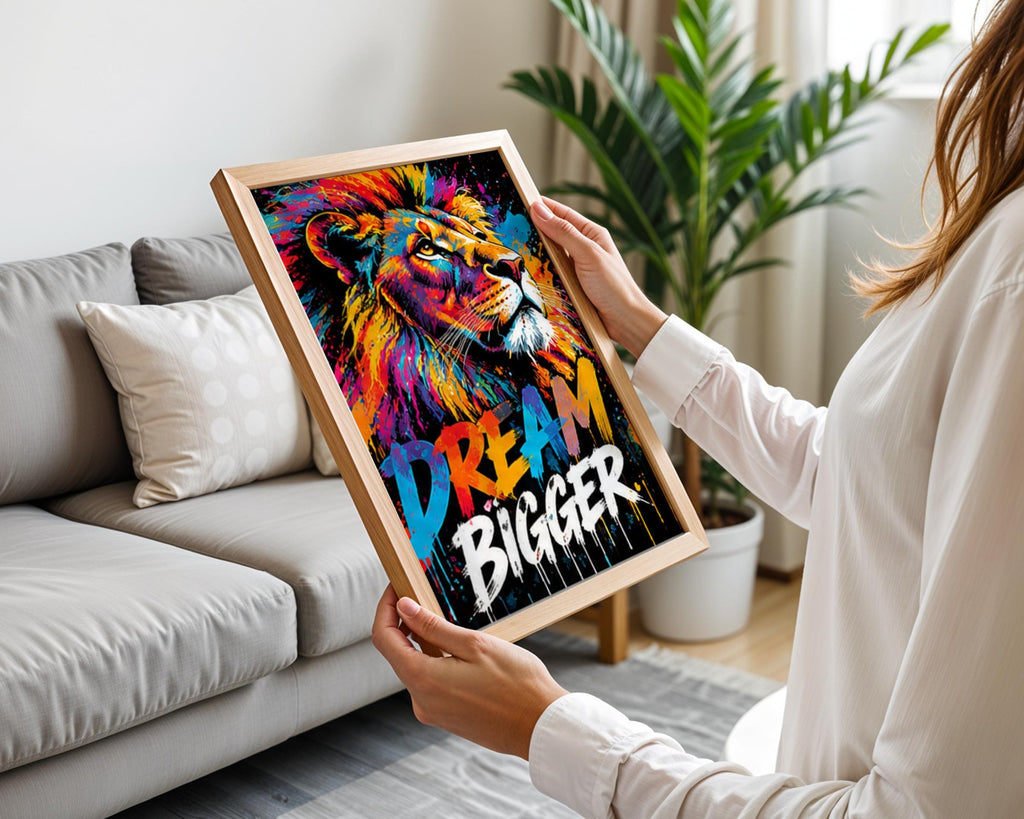 Colourful Lion Poster, Dream Bigger Motivational Quote, Graffiti Splatter Wall Art, Bold Pop Art