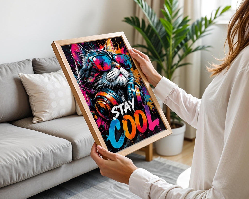 Stay Cool Cat Wall Art, Graffiti Street Art Poster, Neon Pop Art Print, Cat With Sunglasses