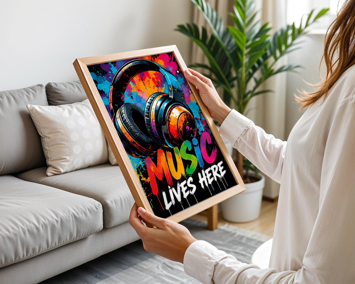 Music Lives Here Headphones Poster, Colourful Graffiti Wall Art, Street Art Print, Music Room Decor