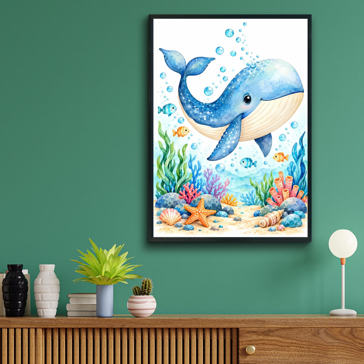 Cute Blue Whale Nursery Wall Art, Watercolour Ocean Animal Print, Under The Sea Poster for Kids Room