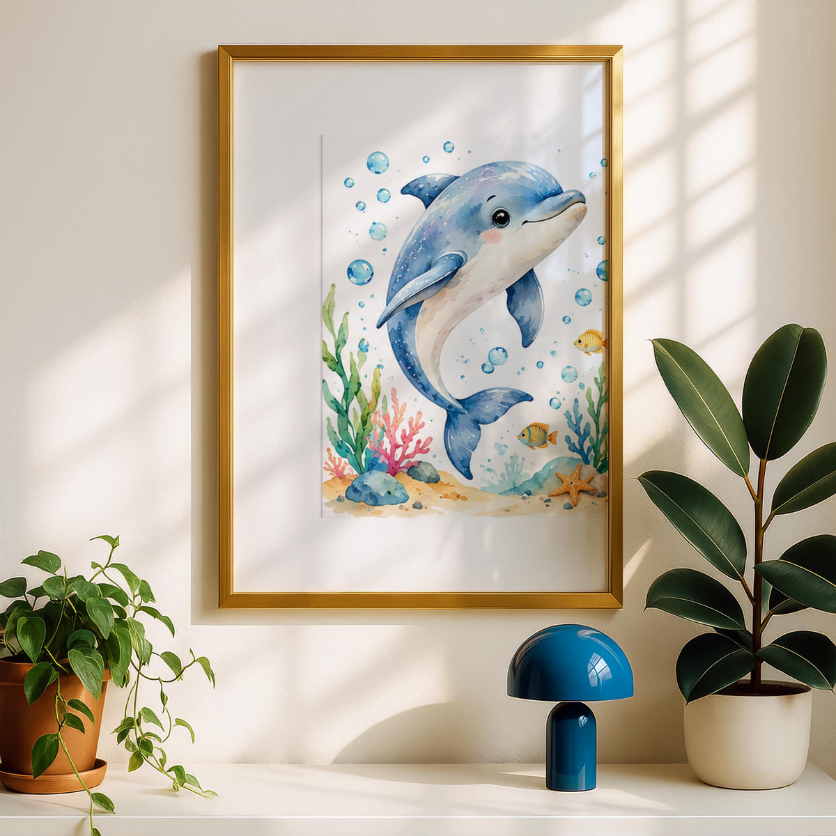 Dolphin Nursery Wall Art, Watercolour Ocean Print, Baby Dolphin Poster, Kids Bedroom Sea Life Decor