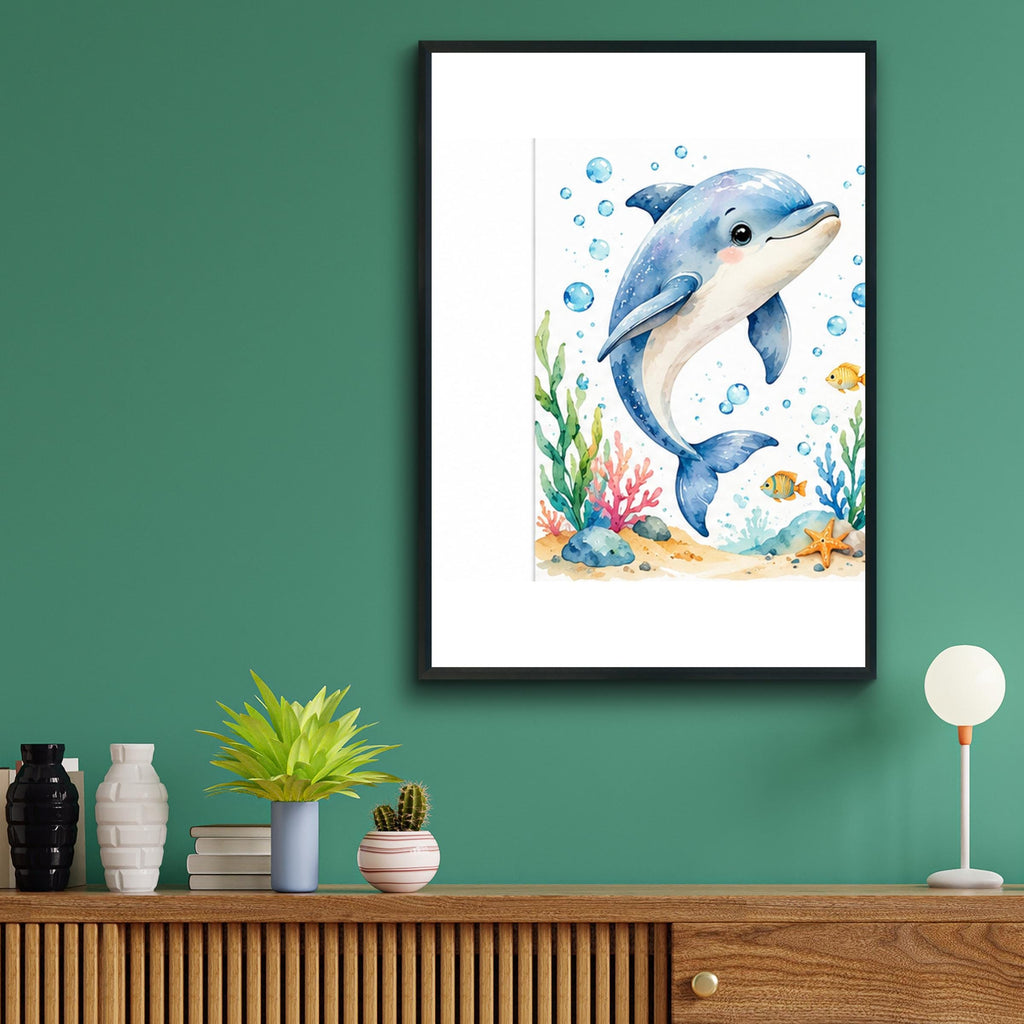 Dolphin Nursery Wall Art, Watercolour Ocean Print, Baby Dolphin Poster, Kids Bedroom Sea Life Decor