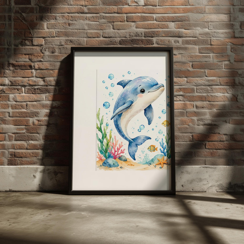 Dolphin Nursery Wall Art, Watercolour Ocean Print, Baby Dolphin Poster, Kids Bedroom Sea Life Decor