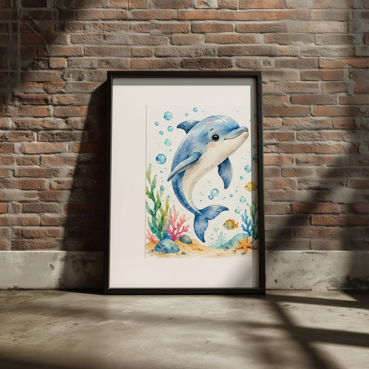 Dolphin Nursery Wall Art, Watercolour Ocean Print, Baby Dolphin Poster, Kids Bedroom Sea Life Decor